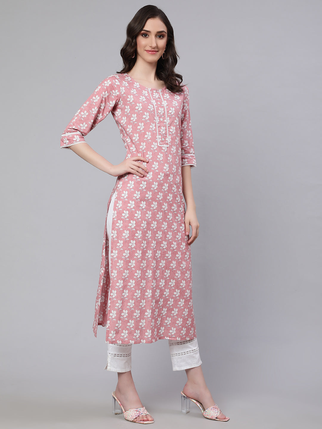 Women Pink Printed Straight Kurta With Three Quarter Sleeves | LASVINI - Redefining Indian Fashion with Elegance