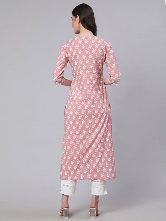 Women Pink Printed Straight Kurta With Three Quarter Sleeves | LASVINI - Redefining Indian Fashion with Elegance
