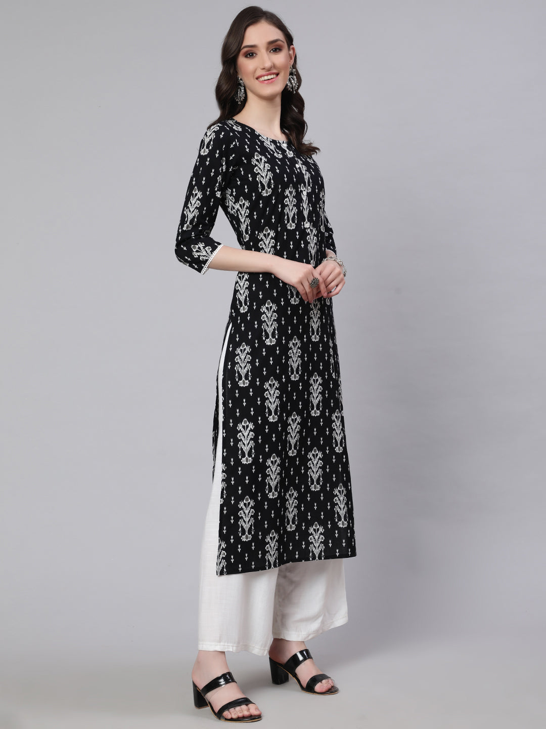 Women Black Printed Straight Kurta With Three Quarter Sleeves | LASVINI - Redefining Indian Fashion with Elegance