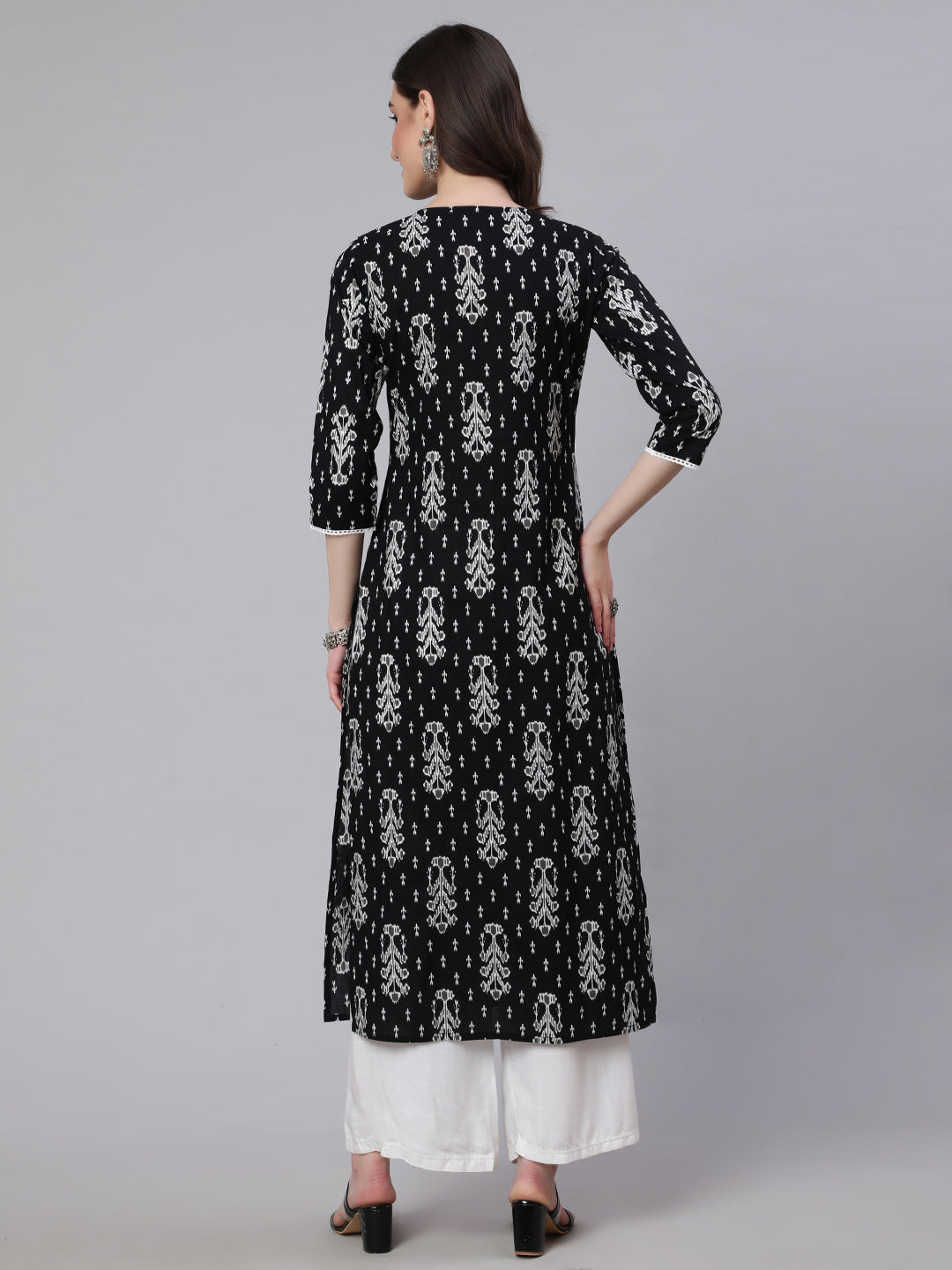Women Black Printed Straight Kurta With Three Quarter Sleeves | LASVINI - Redefining Indian Fashion with Elegance
