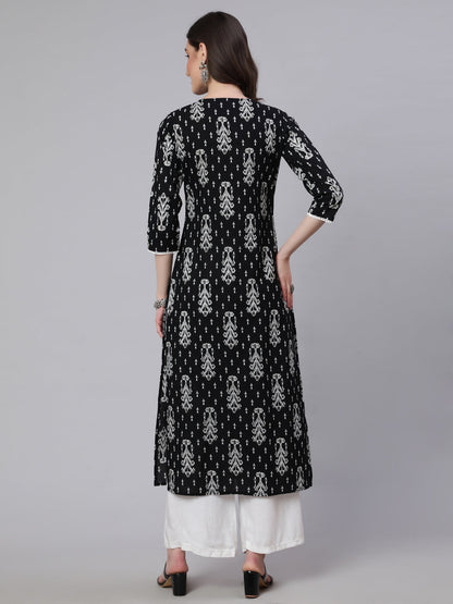 Women Black Printed Straight Kurta With Three Quarter Sleeves | LASVINI - Redefining Indian Fashion with Elegance