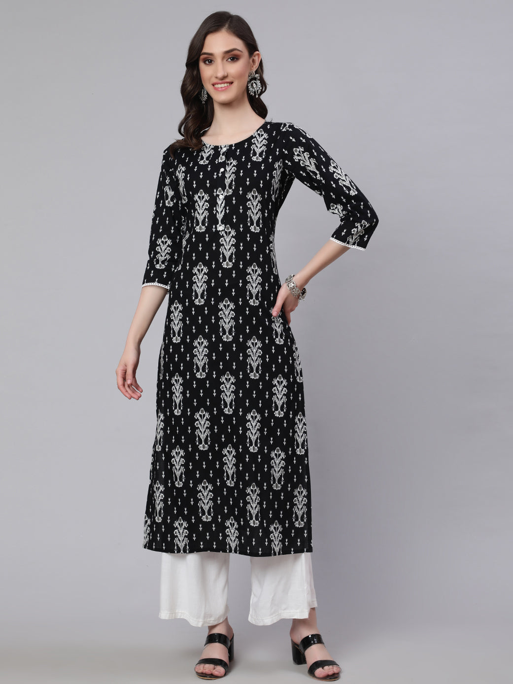 Women Black Printed Straight Kurta With Three Quarter Sleeves | LASVINI - Redefining Indian Fashion with Elegance