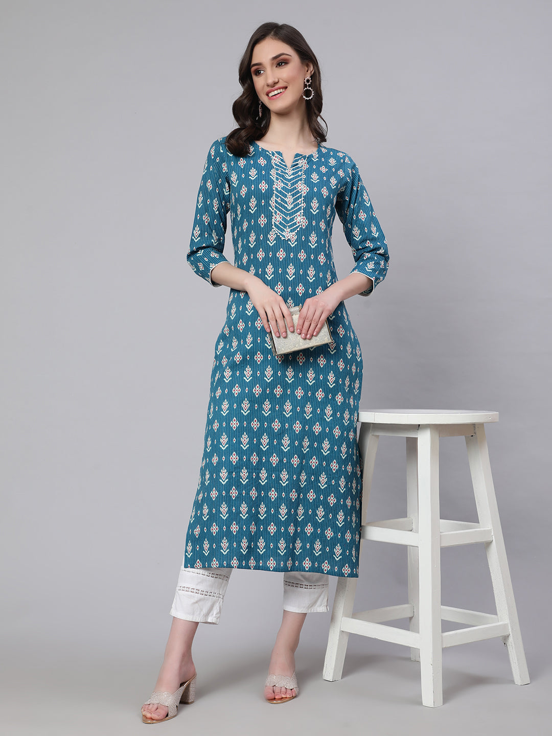 Women Blue Ethnic Printed Straight Kurta With Three Quarter Sleeves | LASVINI - Redefining Indian Fashion with Elegance