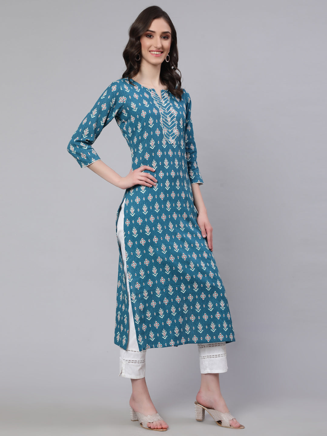 Women Blue Ethnic Printed Straight Kurta With Three Quarter Sleeves | LASVINI - Redefining Indian Fashion with Elegance