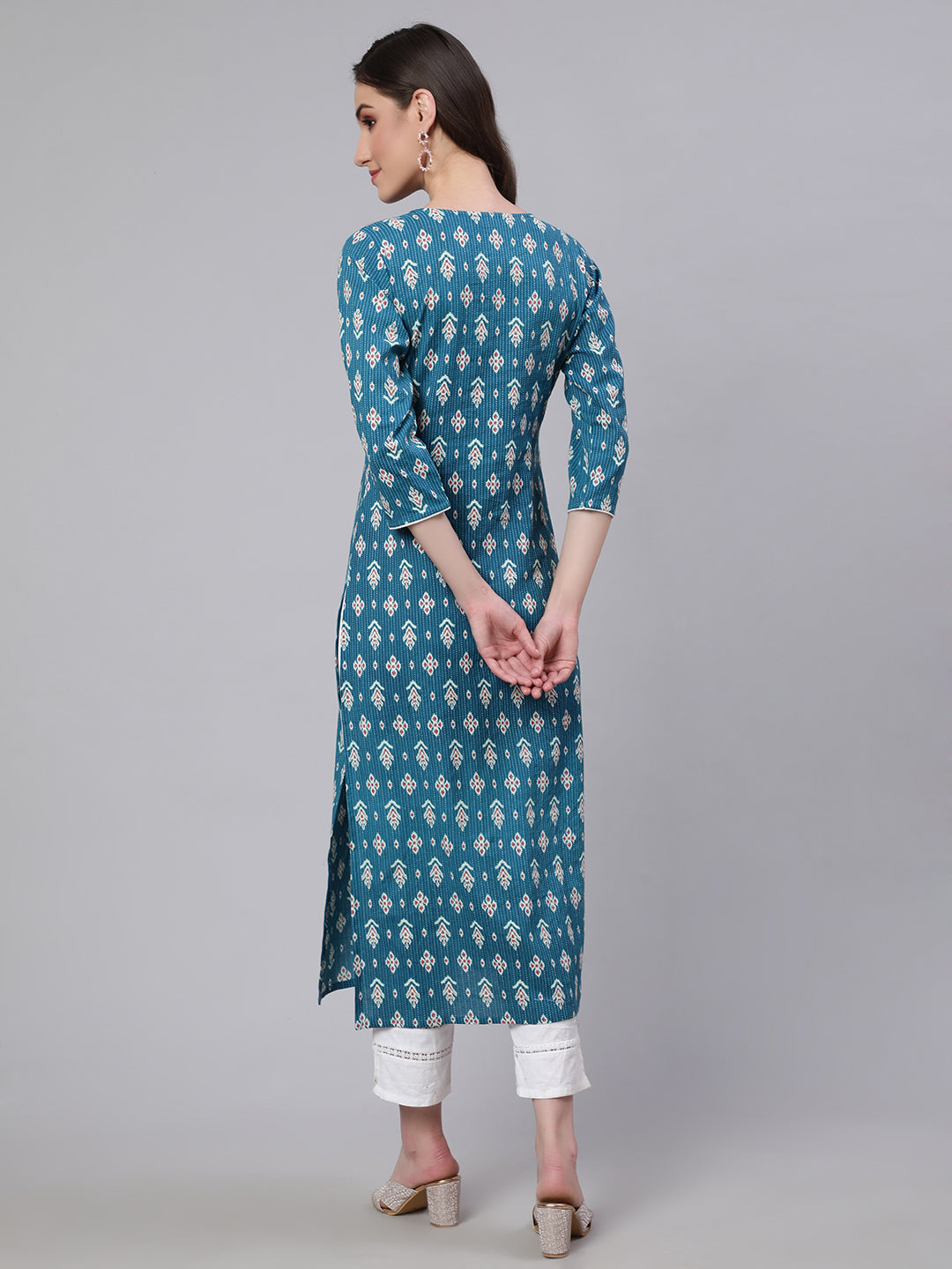 Women Blue Ethnic Printed Straight Kurta With Three Quarter Sleeves | LASVINI - Redefining Indian Fashion with Elegance