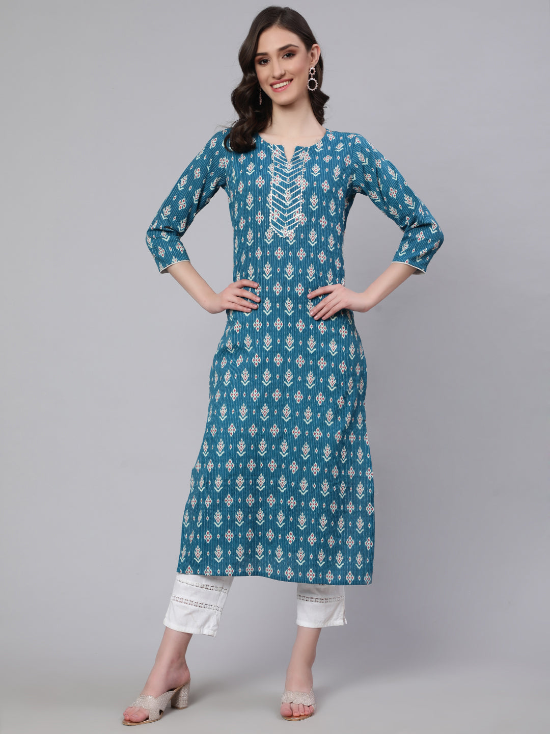 Women Blue Ethnic Printed Straight Kurta With Three Quarter Sleeves | LASVINI - Redefining Indian Fashion with Elegance