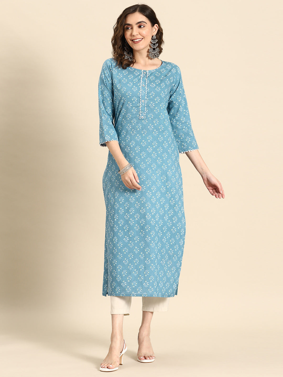 Women Blue Ethnic Printed Straight Kurta With Three Quarter Sleeves | LASVINI - Redefining Indian Fashion with Elegance