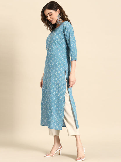 Women Blue Ethnic Printed Straight Kurta With Three Quarter Sleeves | LASVINI - Redefining Indian Fashion with Elegance