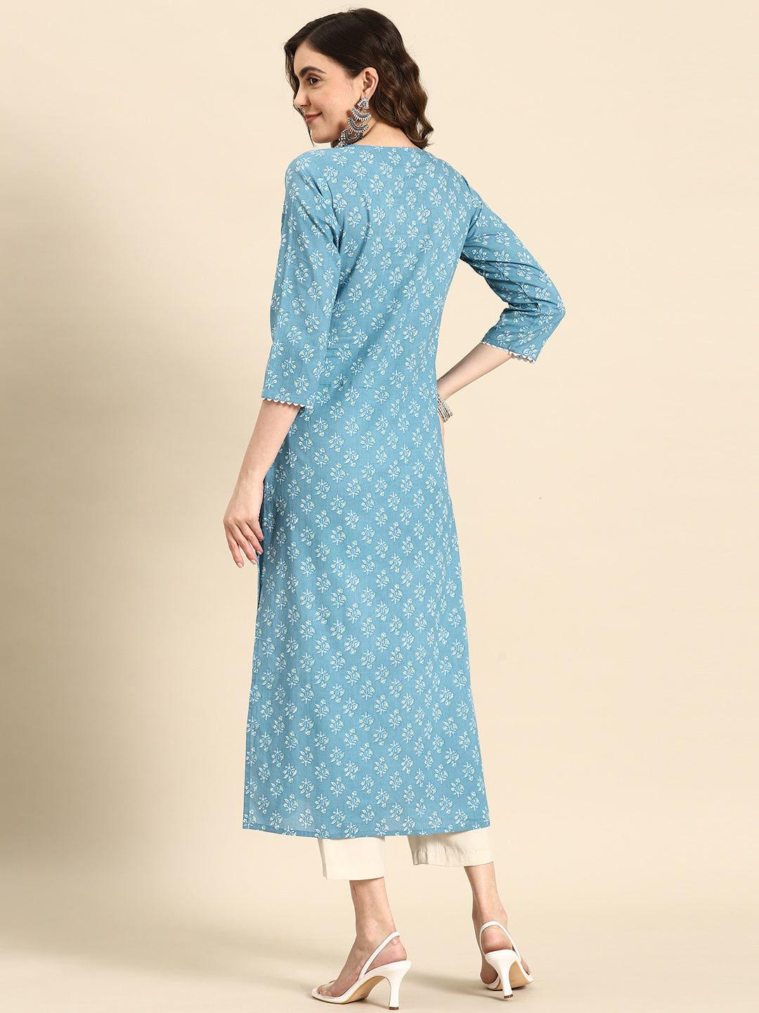 Women Blue Ethnic Printed Straight Kurta With Three Quarter Sleeves | LASVINI - Redefining Indian Fashion with Elegance
