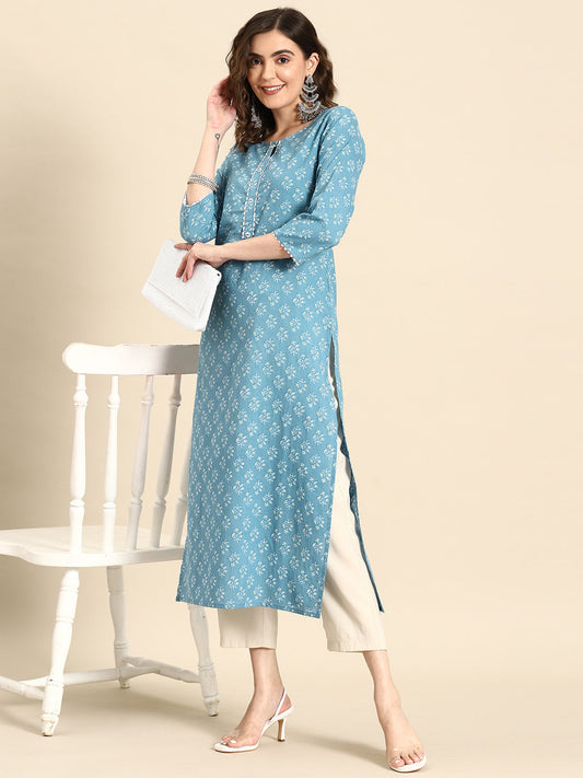 Women Blue Ethnic Printed Straight Kurta With Three Quarter Sleeves | LASVINI - Redefining Indian Fashion with Elegance