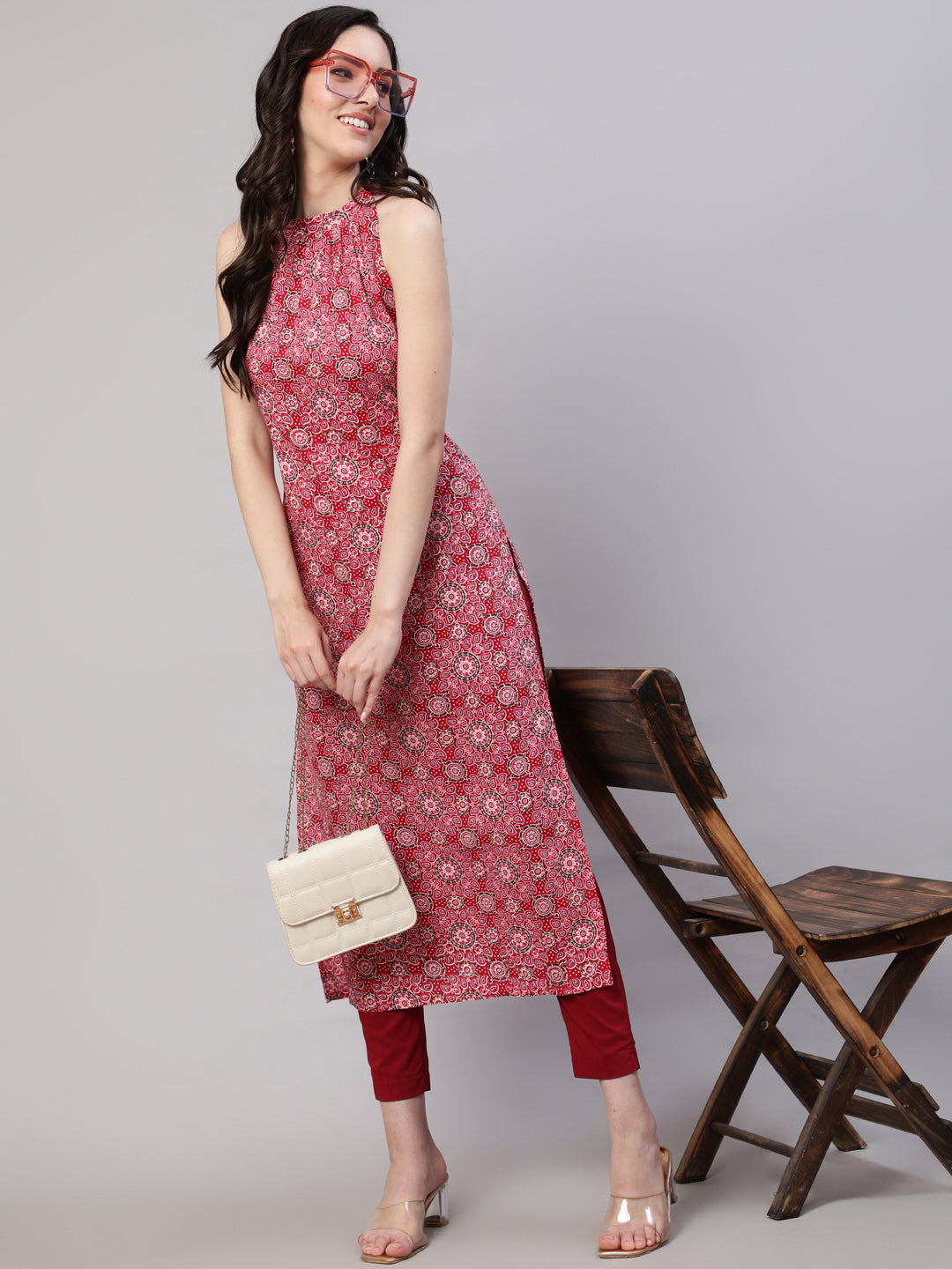 Women Pink Printed Halter Neck Straight Kurta | LASVINI - Redefining Indian Fashion with Elegance