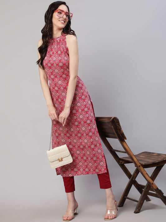 Women Pink Printed Halter Neck Straight Kurta | LASVINI - Redefining Indian Fashion with Elegance