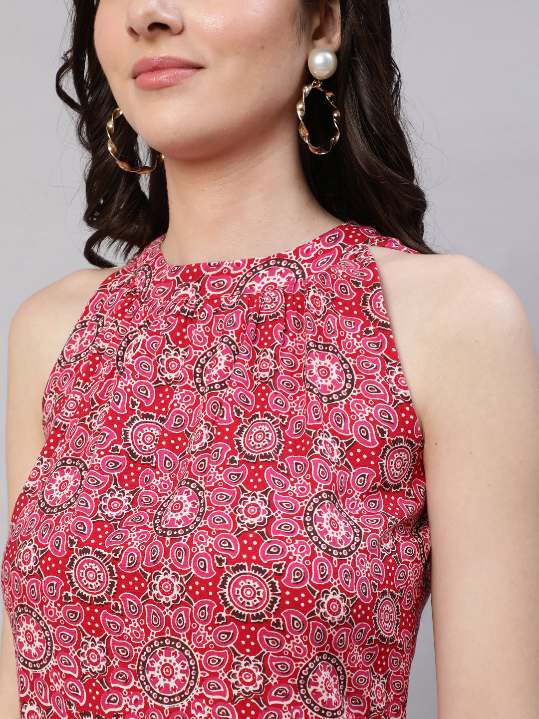 Women Pink Printed Halter Neck Straight Kurta | LASVINI - Redefining Indian Fashion with Elegance