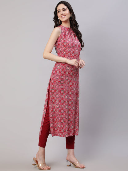 Women Pink Printed Halter Neck Straight Kurta | LASVINI - Redefining Indian Fashion with Elegance