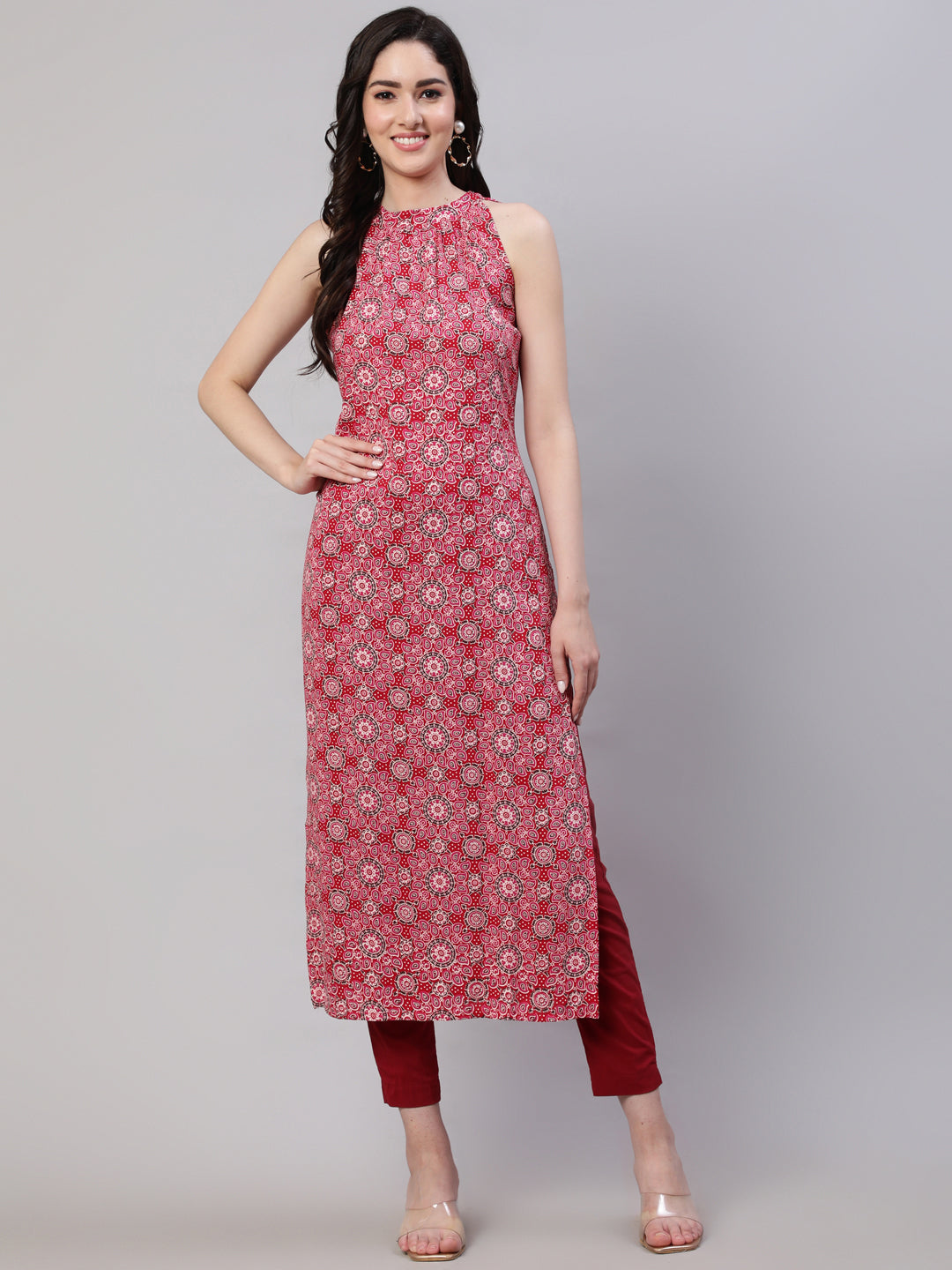 Women Pink Printed Halter Neck Straight Kurta | LASVINI - Redefining Indian Fashion with Elegance