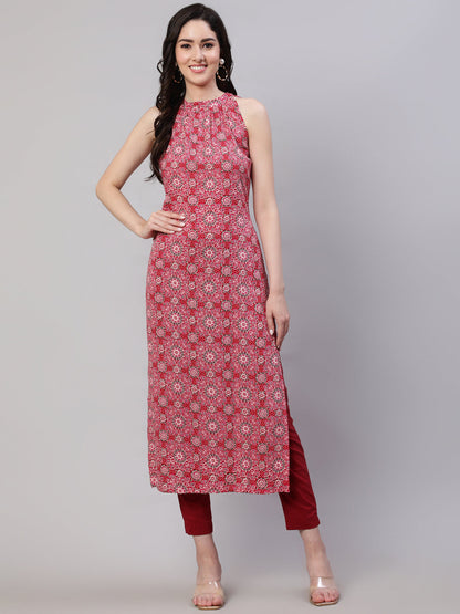 Women Pink Printed Halter Neck Straight Kurta | LASVINI - Redefining Indian Fashion with Elegance