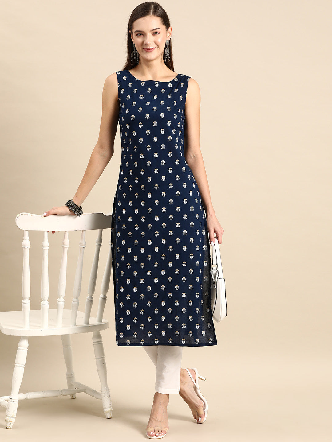 Women Navy Blue Ethnic Printed Straight Sleeveless Kurta | LASVINI - Redefining Indian Fashion with Elegance