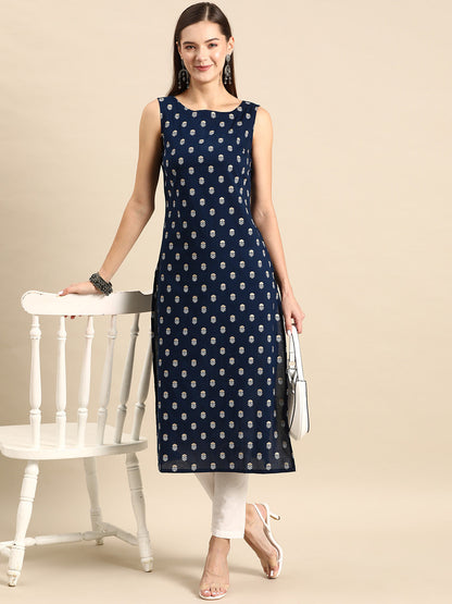 Women Navy Blue Ethnic Printed Straight Sleeveless Kurta | LASVINI - Redefining Indian Fashion with Elegance