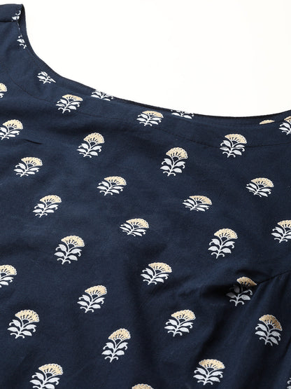 Women Navy Blue Ethnic Printed Straight Sleeveless Kurta | LASVINI - Redefining Indian Fashion with Elegance