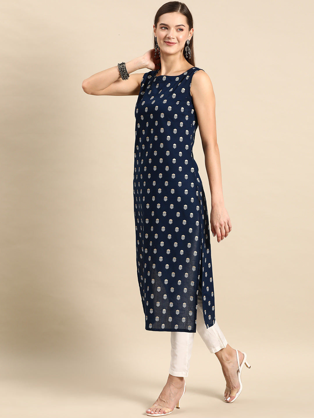 Women Navy Blue Ethnic Printed Straight Sleeveless Kurta | LASVINI - Redefining Indian Fashion with Elegance