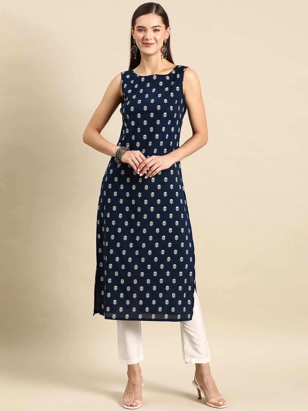 Women Navy Blue Ethnic Printed Straight Sleeveless Kurta | LASVINI - Redefining Indian Fashion with Elegance
