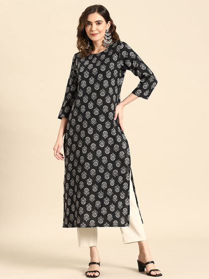 Women Black Printed Straight Kurta With Three Quarter Sleeves | LASVINI - Redefining Indian Fashion with Elegance