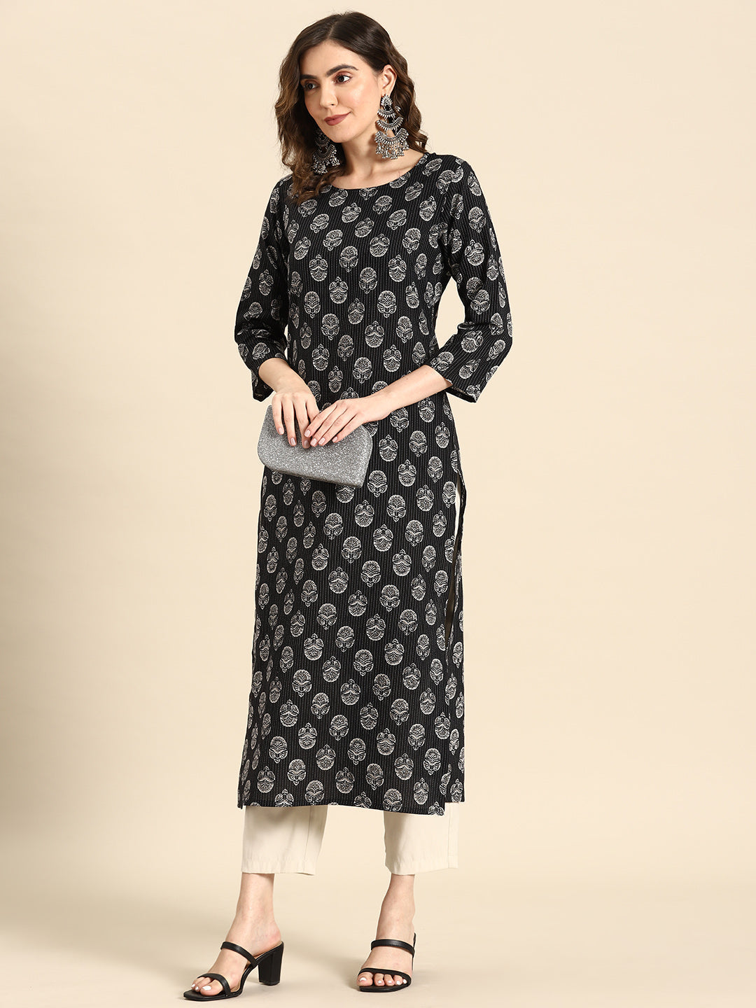Women Black Printed Straight Kurta With Three Quarter Sleeves | LASVINI - Redefining Indian Fashion with Elegance