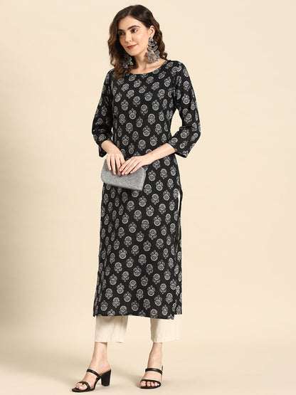 Women Black Printed Straight Kurta With Three Quarter Sleeves | LASVINI - Redefining Indian Fashion with Elegance