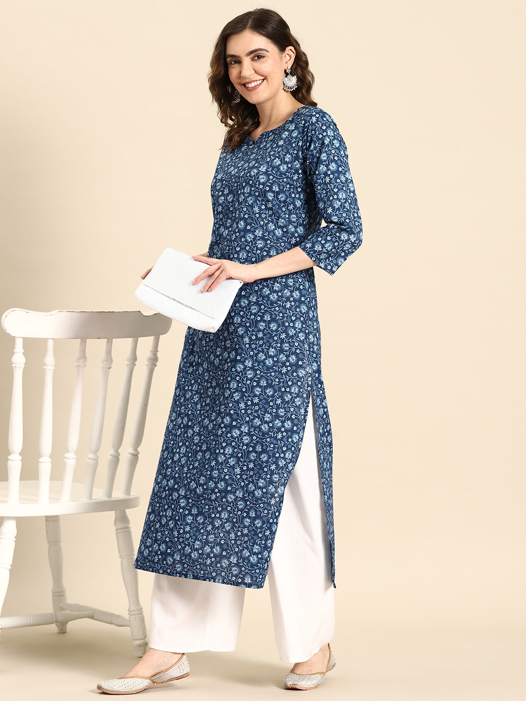 Women Blue Ethnic Printed Straight Kurta With Three Quarter Sleeves | LASVINI - Redefining Indian Fashion with Elegance