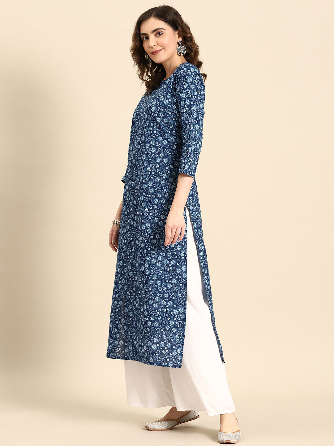 Women Blue Ethnic Printed Straight Kurta With Three Quarter Sleeves | LASVINI - Redefining Indian Fashion with Elegance