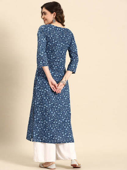 Women Blue Ethnic Printed Straight Kurta With Three Quarter Sleeves | LASVINI - Redefining Indian Fashion with Elegance