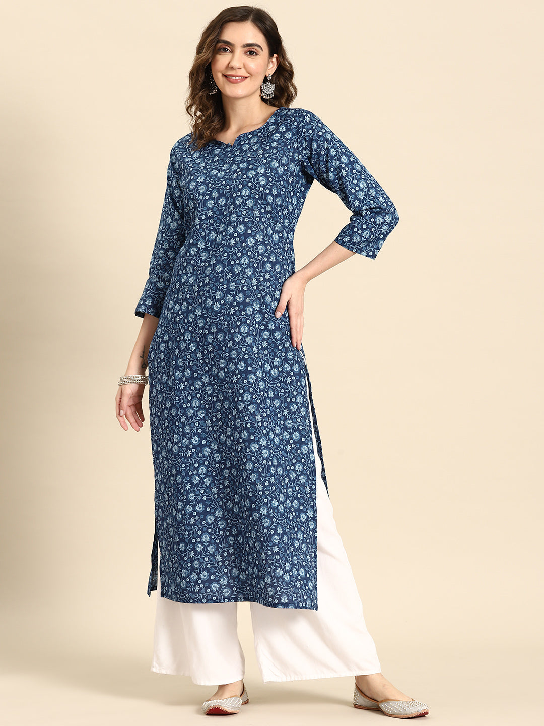 Women Blue Ethnic Printed Straight Kurta With Three Quarter Sleeves | LASVINI - Redefining Indian Fashion with Elegance