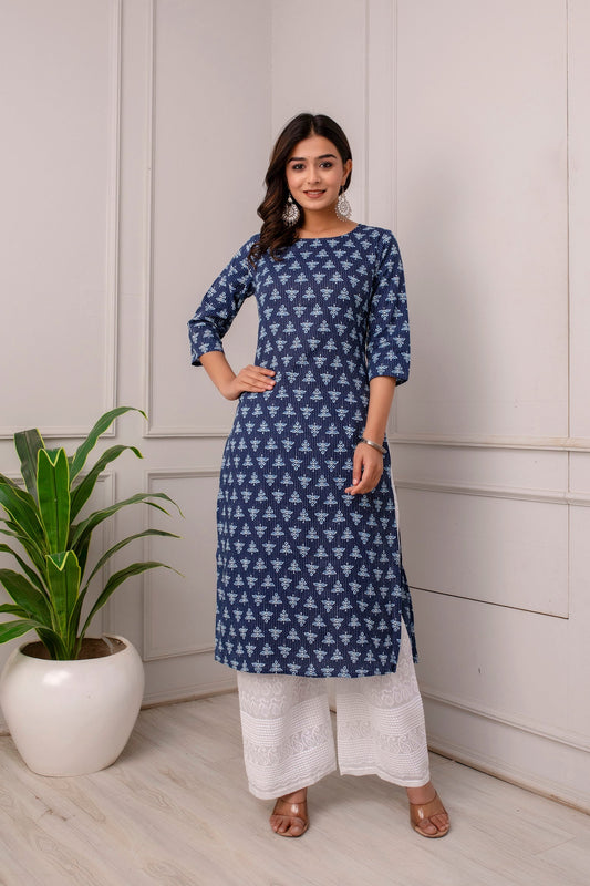 Women Blue Ethnic Printed Straight Kurta With Three Quarter Sleeves | LASVINI - Redefining Indian Fashion with Elegance