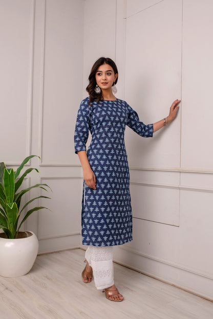 Women Blue Ethnic Printed Straight Kurta With Three Quarter Sleeves | LASVINI - Redefining Indian Fashion with Elegance