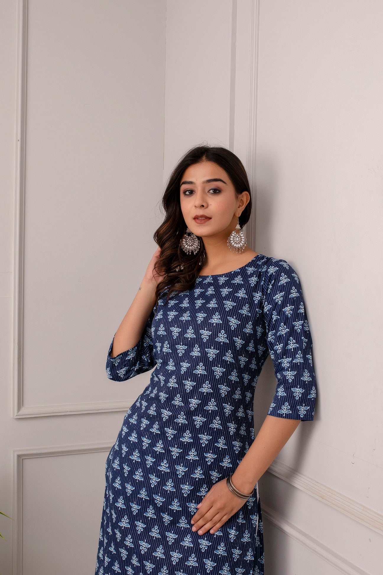 Women Blue Ethnic Printed Straight Kurta With Three Quarter Sleeves | LASVINI - Redefining Indian Fashion with Elegance