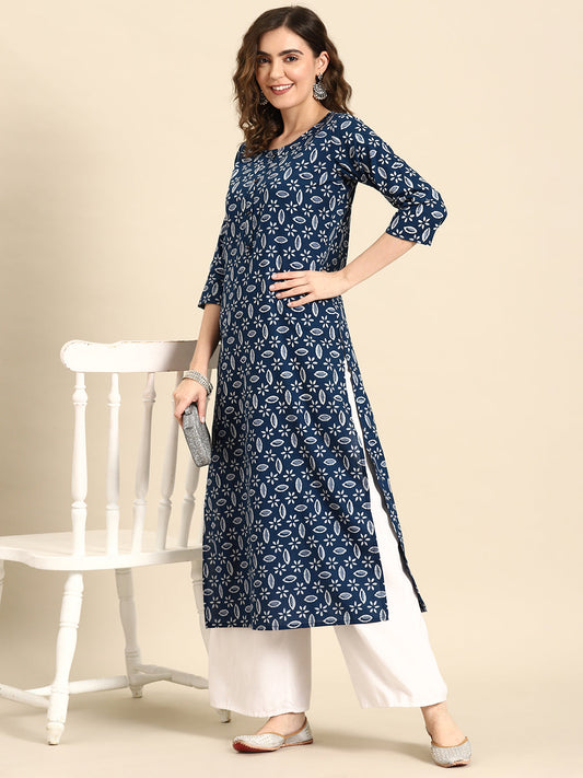 Women Blue Ethnic Printed Straight Kurta With Three Quarter Sleeves | LASVINI - Redefining Indian Fashion with Elegance