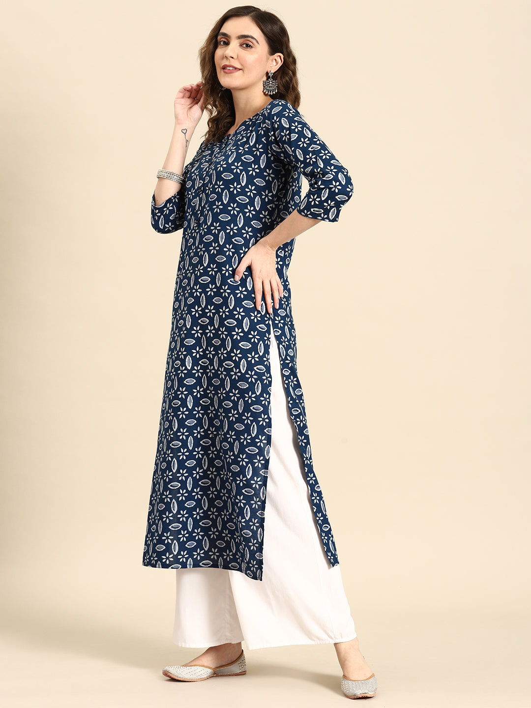 Women Blue Ethnic Printed Straight Kurta With Three Quarter Sleeves | LASVINI - Redefining Indian Fashion with Elegance