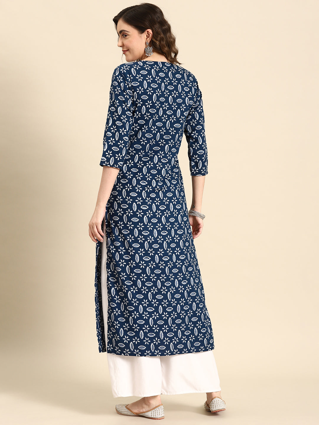 Women Blue Ethnic Printed Straight Kurta With Three Quarter Sleeves | LASVINI - Redefining Indian Fashion with Elegance