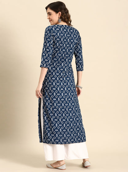 Women Blue Ethnic Printed Straight Kurta With Three Quarter Sleeves | LASVINI - Redefining Indian Fashion with Elegance