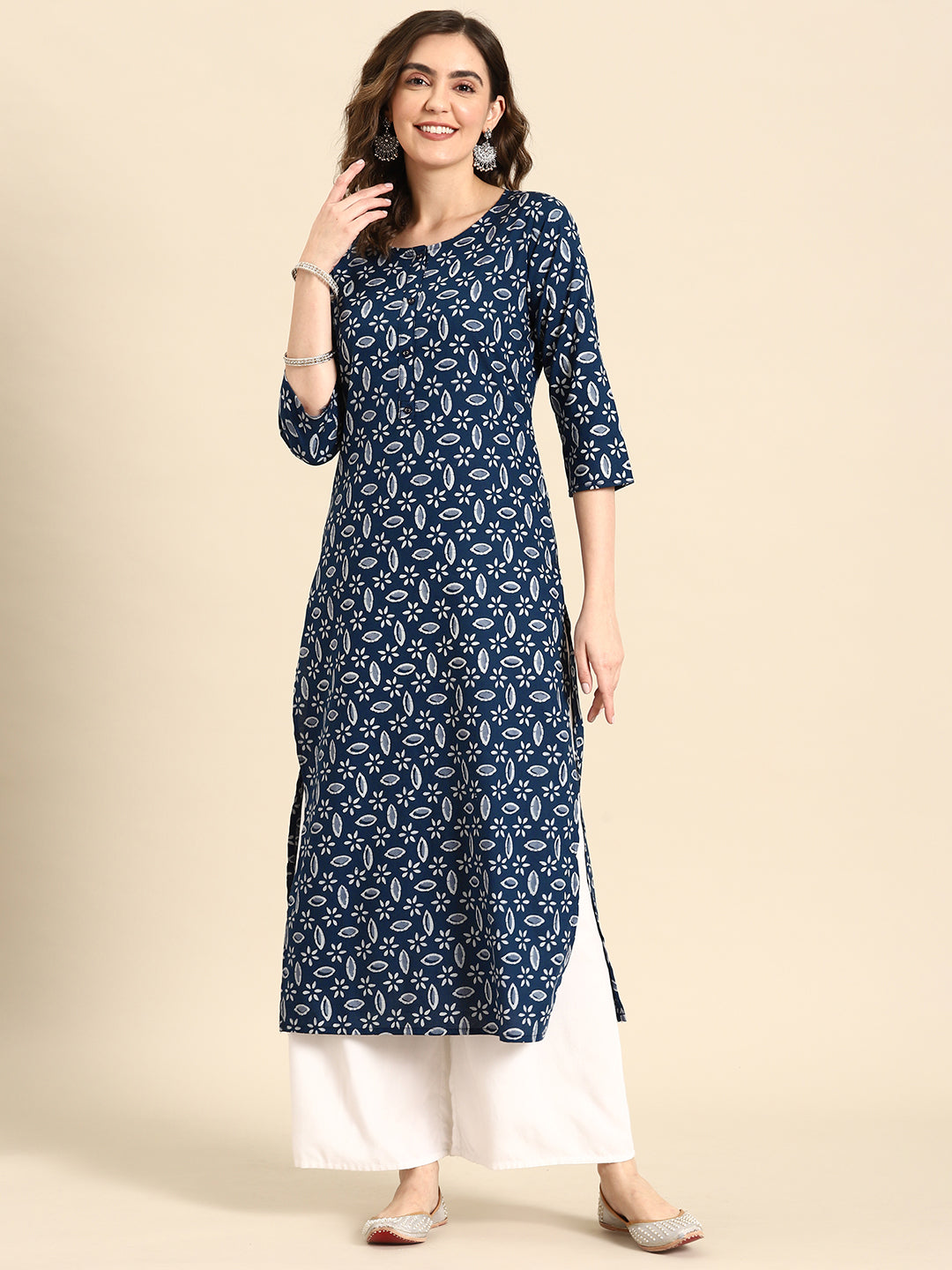 Women Blue Ethnic Printed Straight Kurta With Three Quarter Sleeves | LASVINI - Redefining Indian Fashion with Elegance