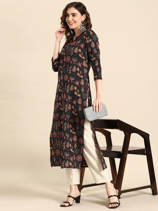 Women Black Printed Straight Kurta With Three Quarter Sleeves | LASVINI - Redefining Indian Fashion with Elegance