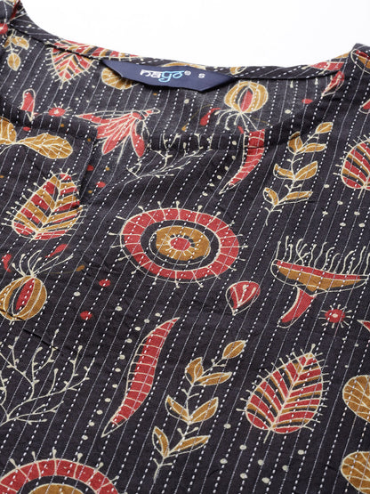 Women Black Printed Straight Kurta With Three Quarter Sleeves | LASVINI - Redefining Indian Fashion with Elegance