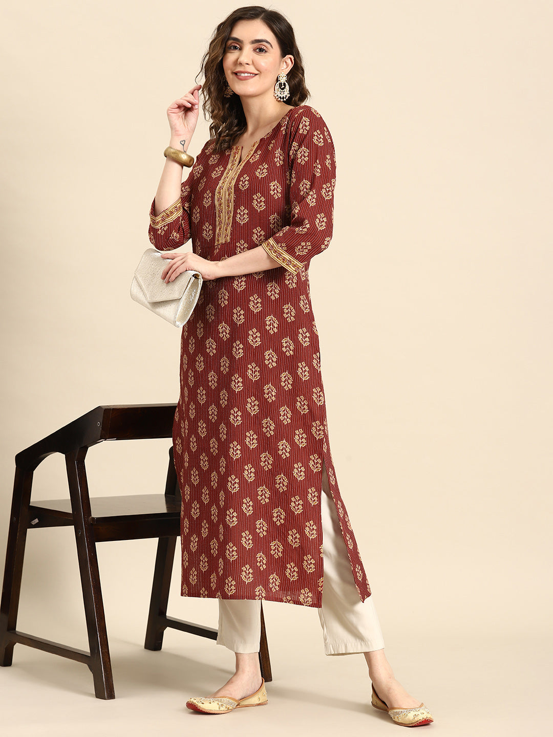 Women Maroon Printed Straight Kurta With Three Quarter Sleeves | LASVINI - Redefining Indian Fashion with Elegance