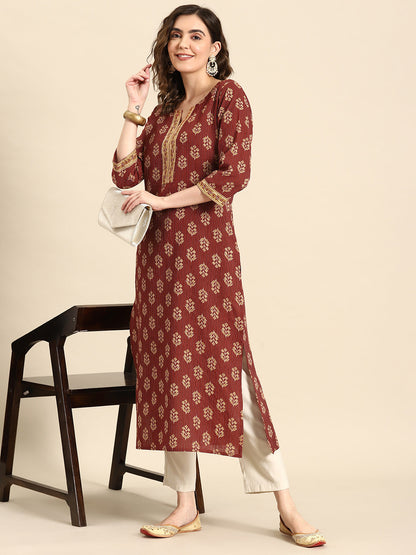 Women Maroon Printed Straight Kurta With Three Quarter Sleeves | LASVINI - Redefining Indian Fashion with Elegance