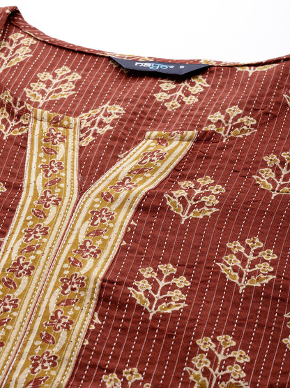 Women Maroon Printed Straight Kurta With Three Quarter Sleeves | LASVINI - Redefining Indian Fashion with Elegance