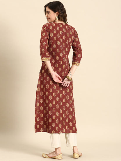 Women Maroon Printed Straight Kurta With Three Quarter Sleeves | LASVINI - Redefining Indian Fashion with Elegance