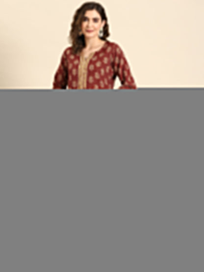 Women Maroon Printed Straight Kurta With Three Quarter Sleeves | LASVINI - Redefining Indian Fashion with Elegance