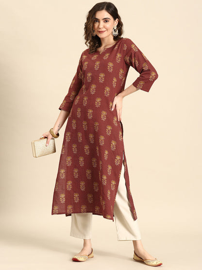 Women Maroon Printed Straight Kurta With Three Quarter Sleeves | LASVINI - Redefining Indian Fashion with Elegance