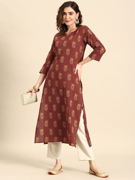 Women Maroon Printed Straight Kurta With Three Quarter Sleeves | LASVINI - Redefining Indian Fashion with Elegance