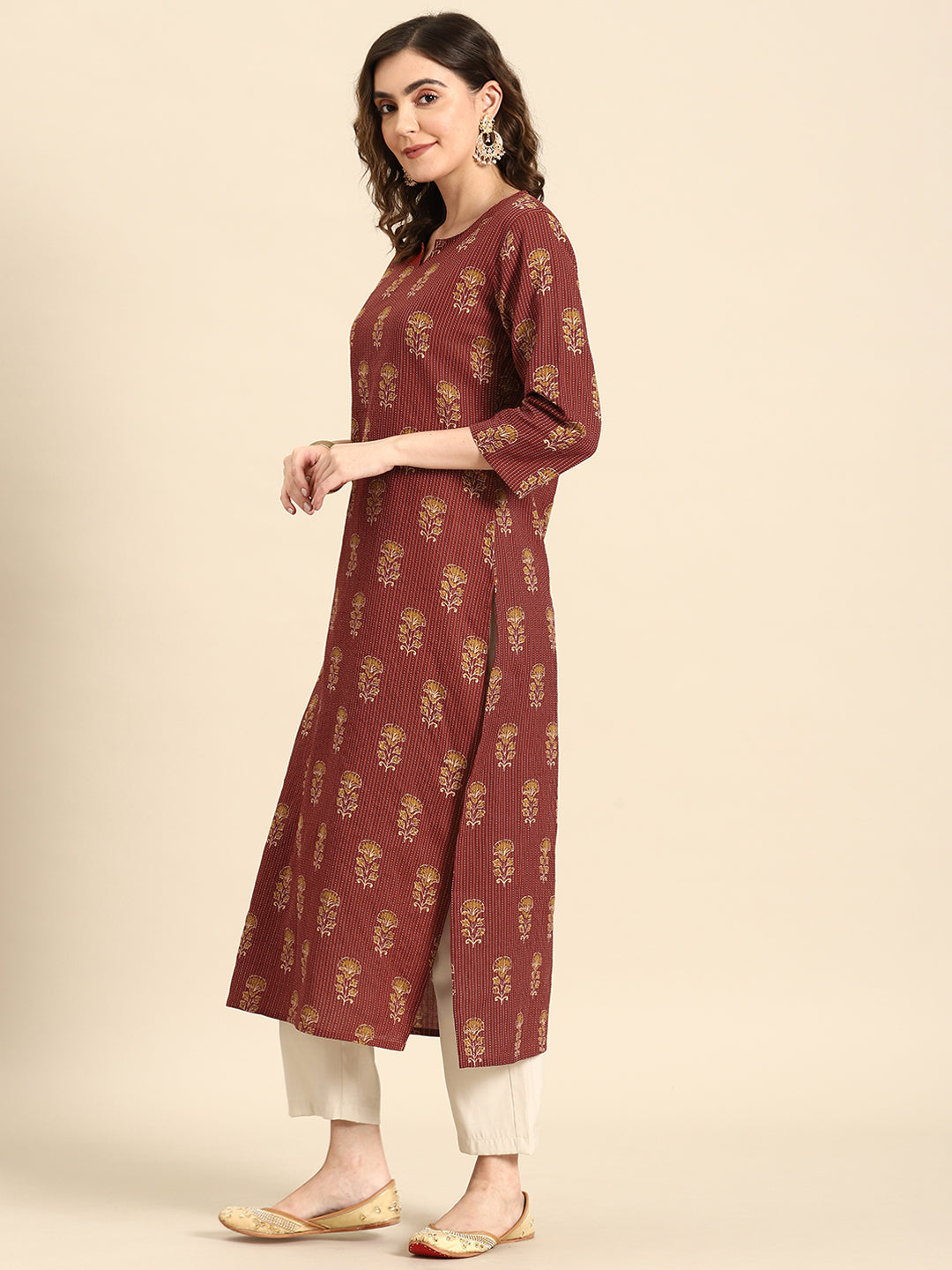 Women Maroon Printed Straight Kurta With Three Quarter Sleeves | LASVINI - Redefining Indian Fashion with Elegance